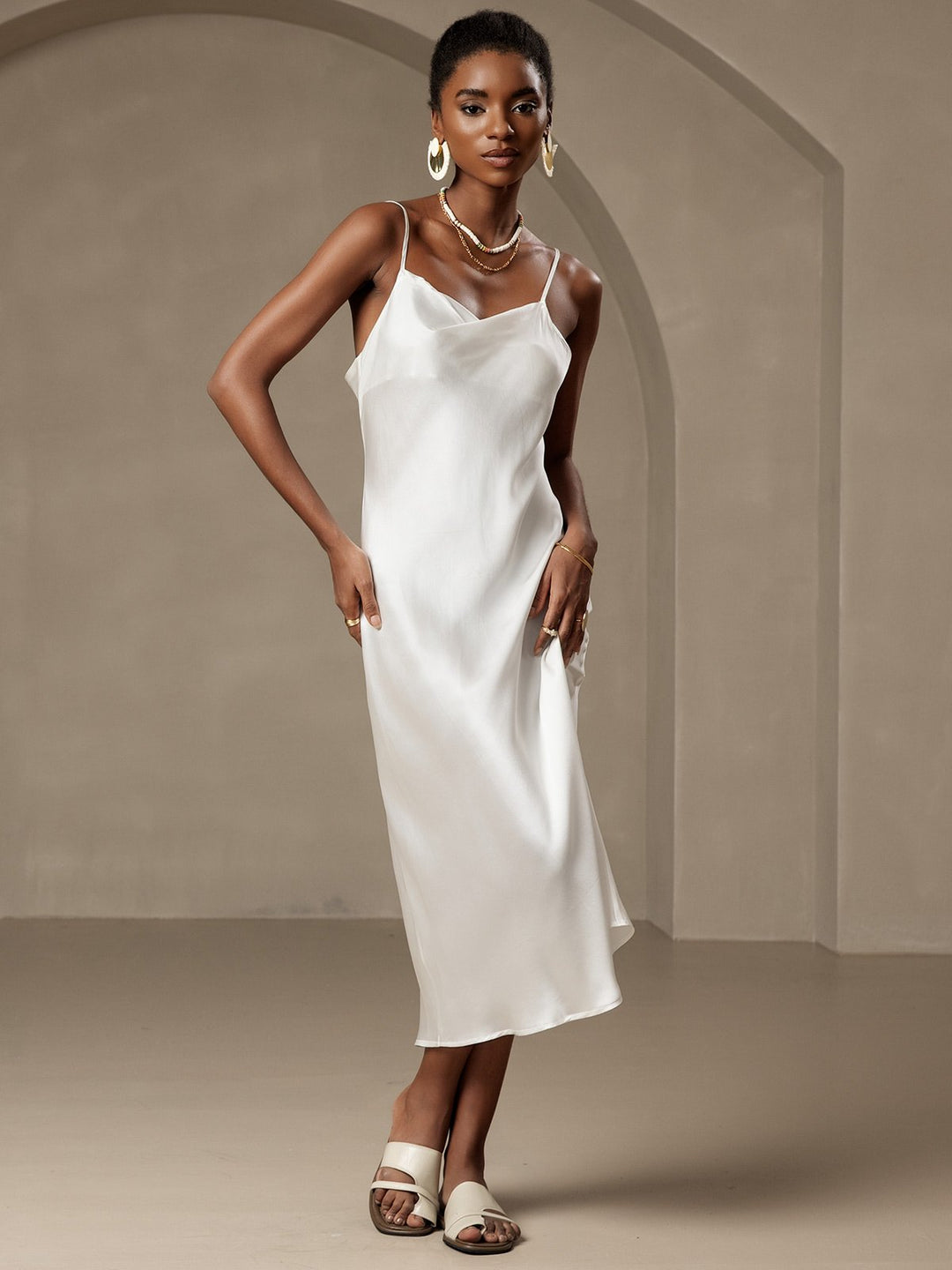 Pure Silk Cowl Neck Midi Dress