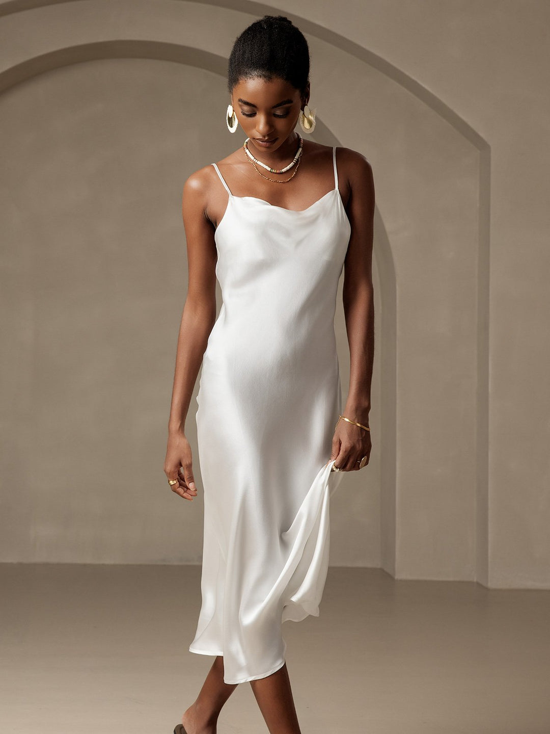 Pure Silk Cowl Neck Midi Dress