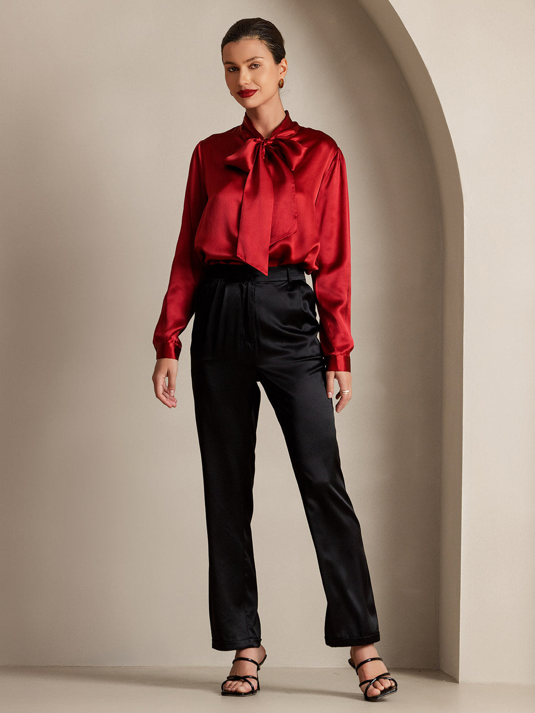 19Momme Silk Long Sleeve Tie Neck Blouse