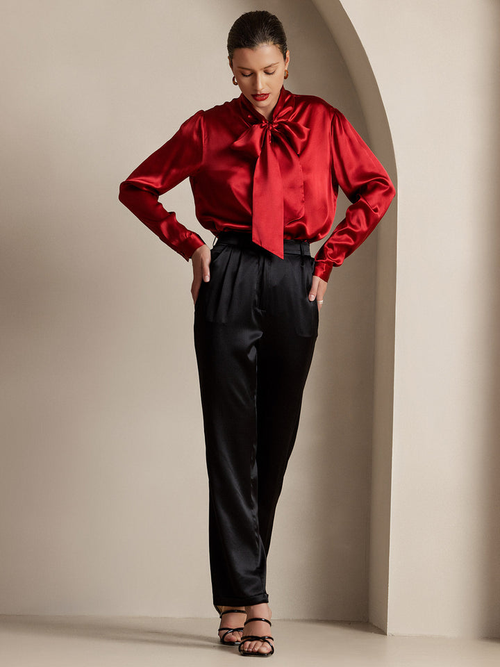 19Momme Silk Long Sleeve Tie Neck Blouse
