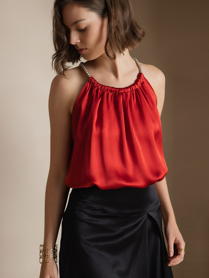 Clearance(Ships to UK Only) - 19Momme Silk Relaxed Pearl-tie Neck Tank Top