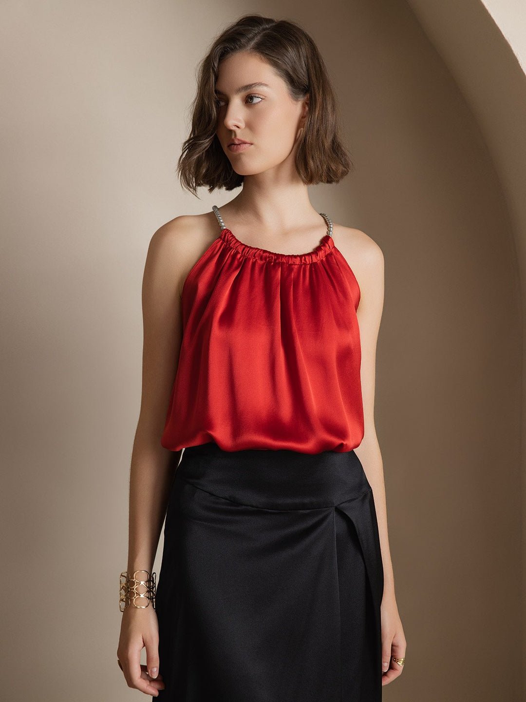 Clearance(Ships to UK Only) - 19Momme Silk Relaxed Pearl-tie Neck Tank Top