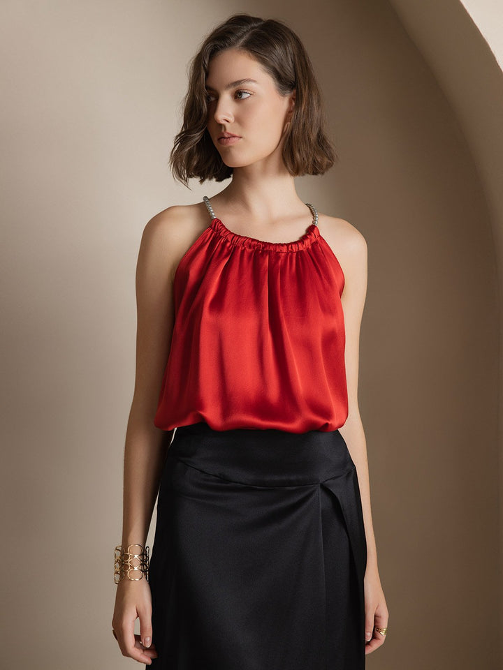 Clearance(Ships to UK Only) - 19Momme Silk Relaxed Pearl-tie Neck Tank Top