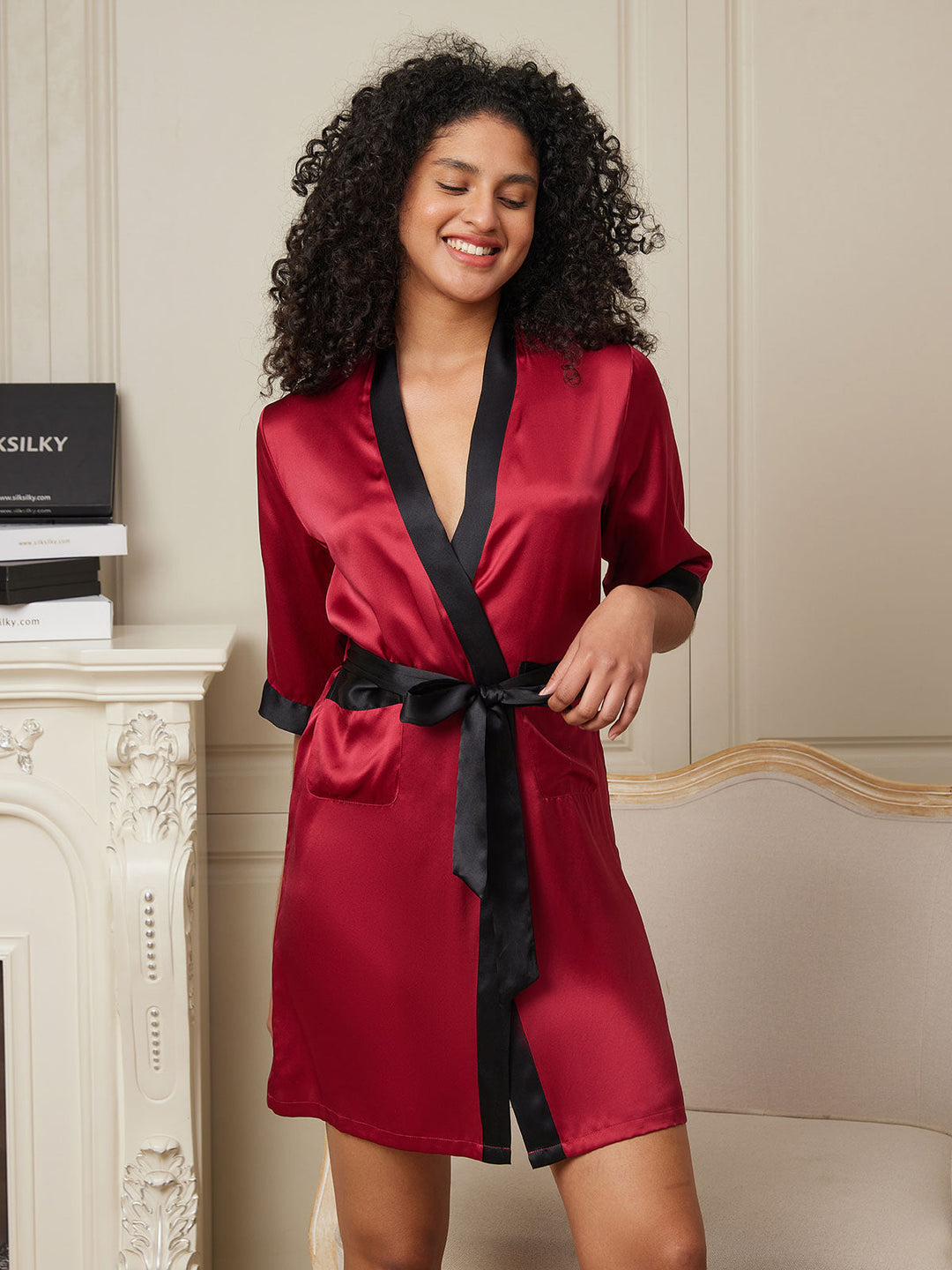 Pure Silk Half Sleeve Short Women's Kimono Wrap Dressing Gown