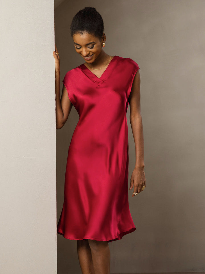 Pure Silk Cap Sleeve V Neck Knee Dress