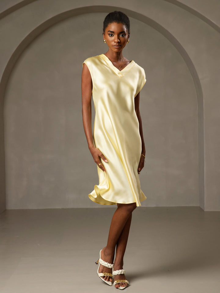 Pure Silk Cap Sleeve V Neck Knee Dress