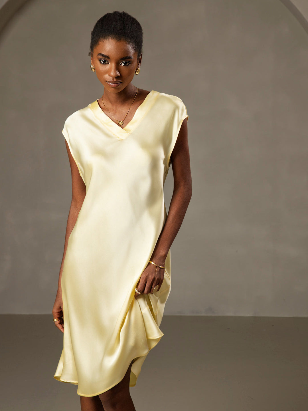 Pure Silk Cap Sleeve V Neck Knee Dress