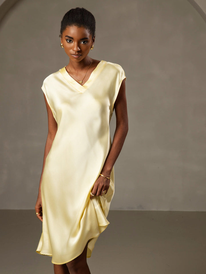 Pure Silk Cap Sleeve V Neck Knee Dress
