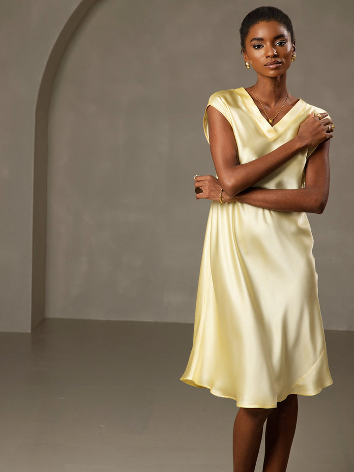 Pure Silk Cap Sleeve V Neck Knee Dress