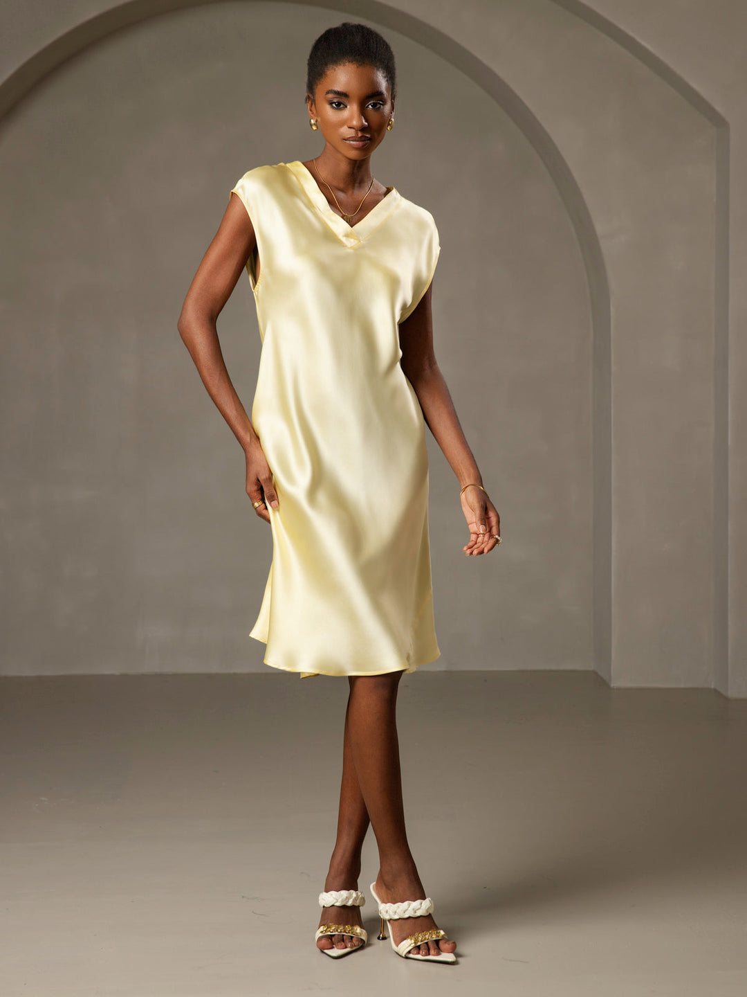 Pure Silk Cap Sleeve V Neck Knee Dress