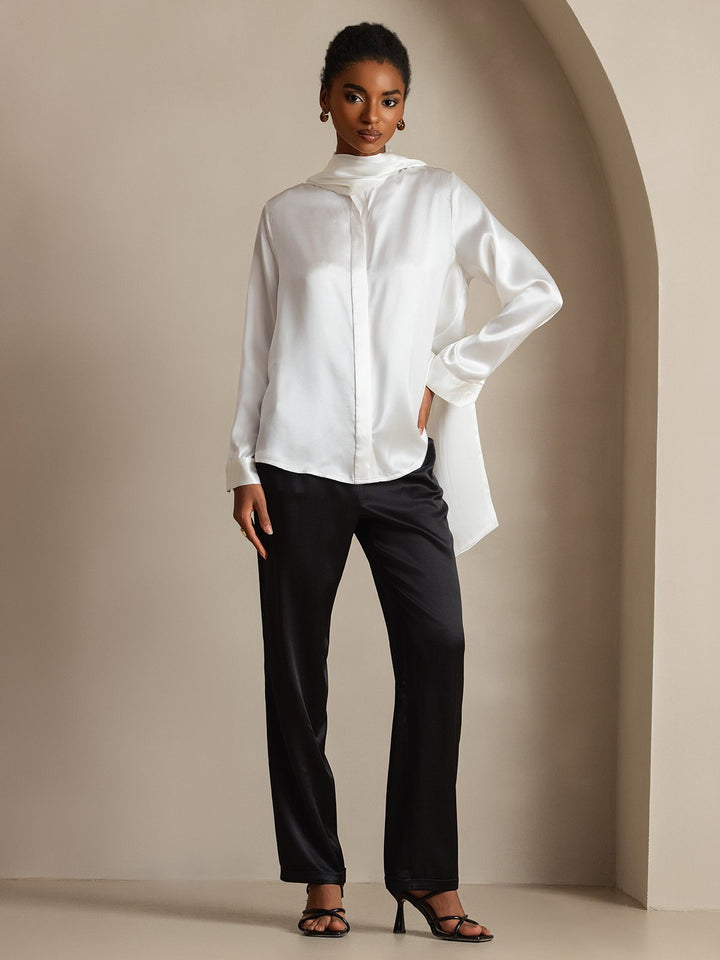 19Momme Silk Long Sleeve High Neck Bow Tie Blouse
