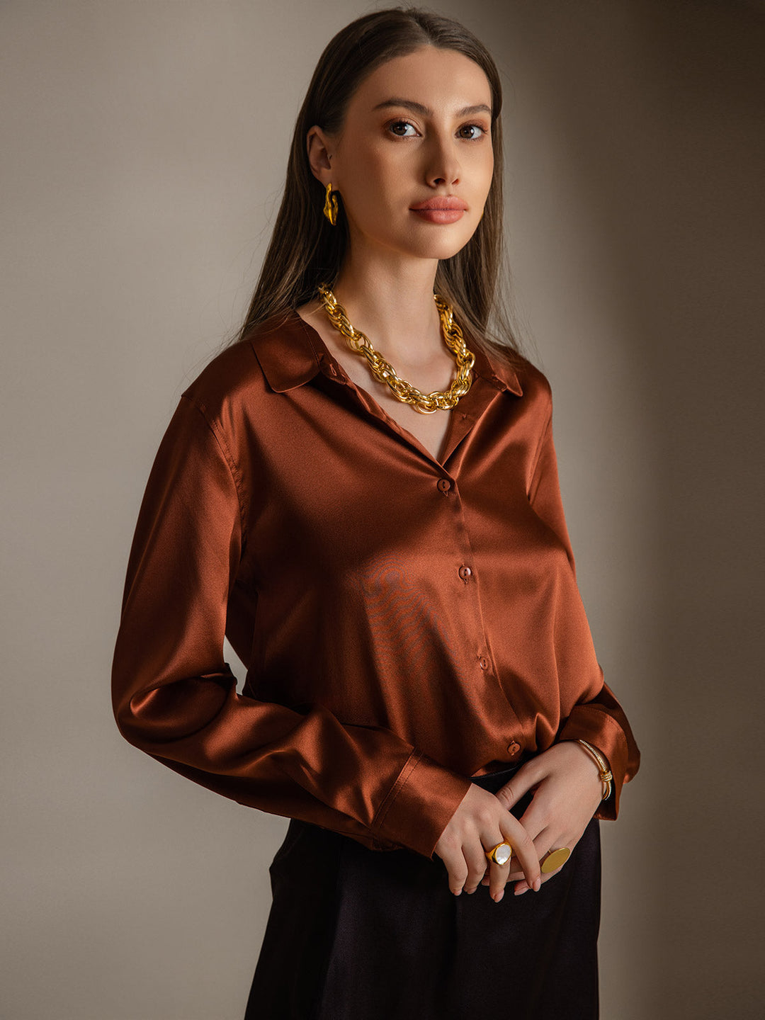 19Momme Silk Long Sleeve Lapel Collar Women's Shirt with Button Up Design