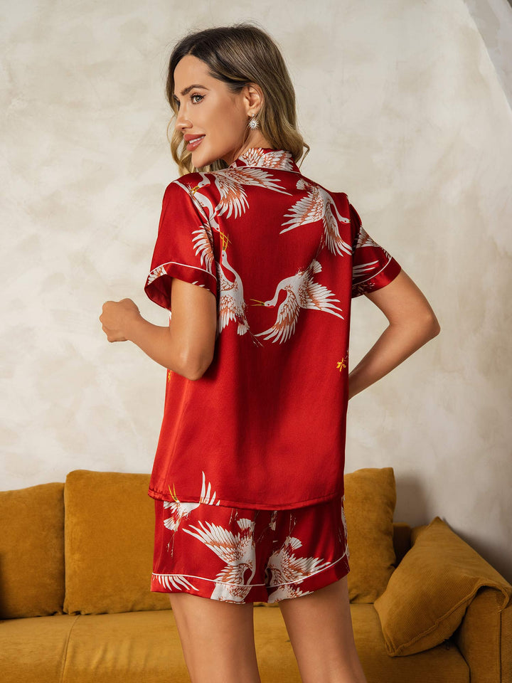 19Momme Women's Pure Silk Crane Print Short Sleeve Notch Collar Pyjamas Set