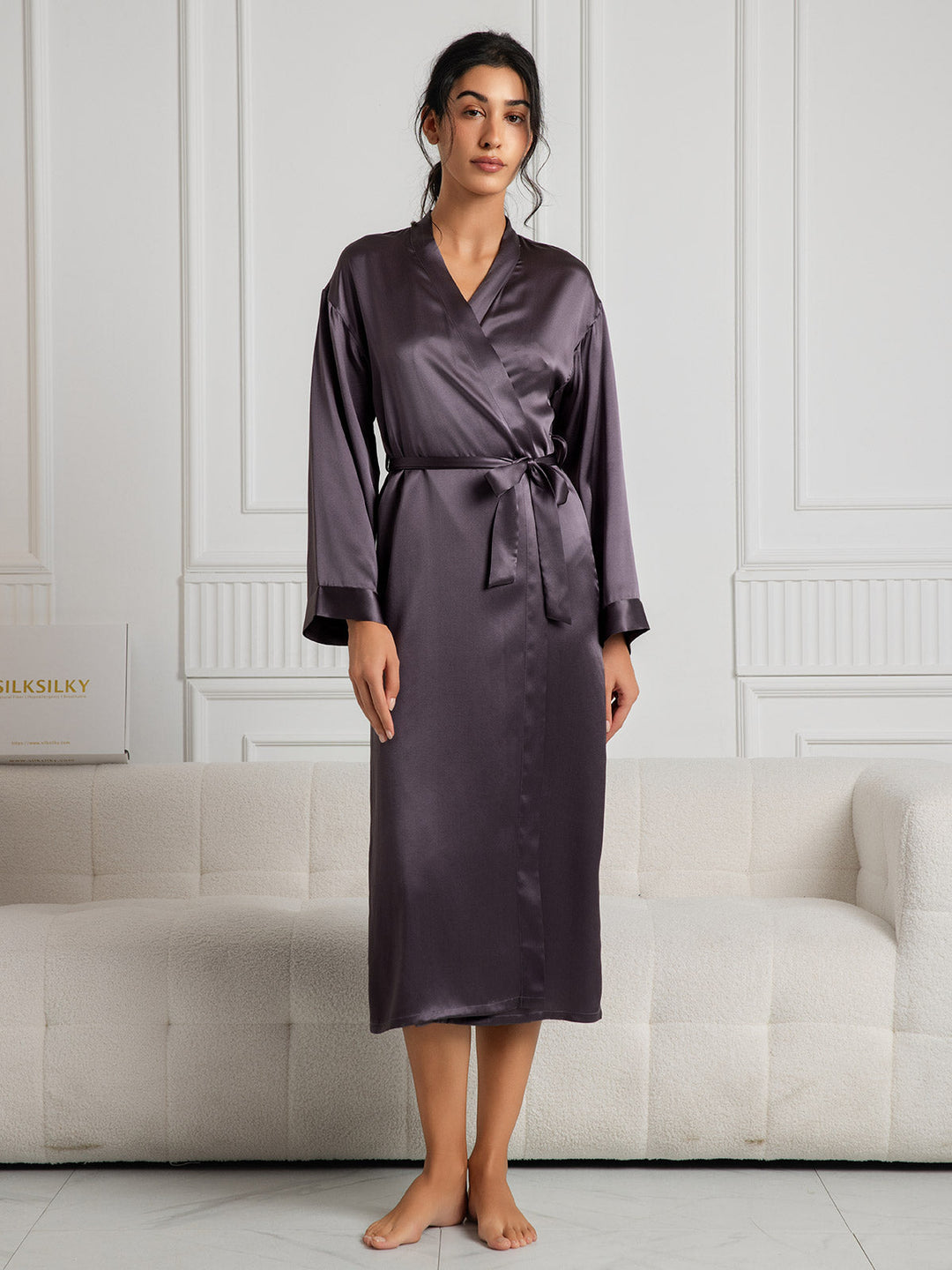 Women's Pure Silk Long Sleeve Midi Wrap Dressing Gown