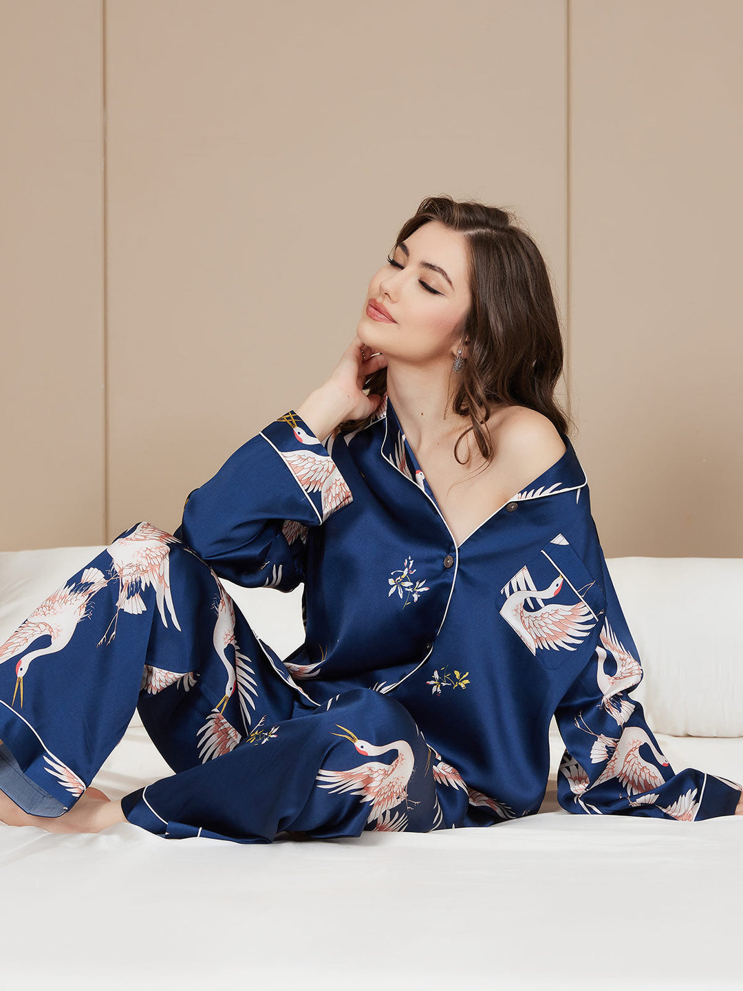 19Momme Women's Pure Silk Crane Print Long Sleeve Notch Collar Pyjamas Set