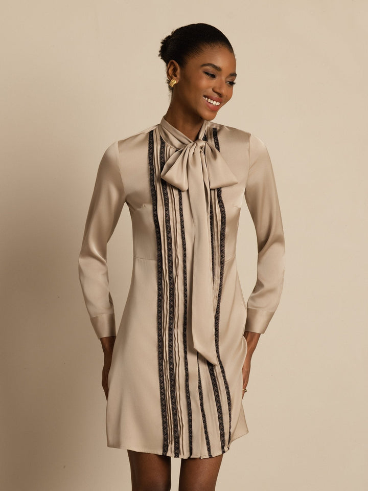 19Momme Silk  Women's Tie-Neck Short Shirt Dress with Vertical Pleated