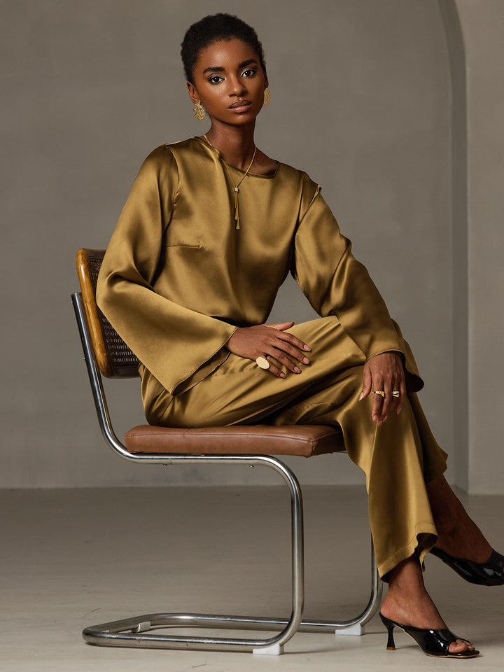 19Momme Silk Bell Sleeve Boat Neck Women's Top