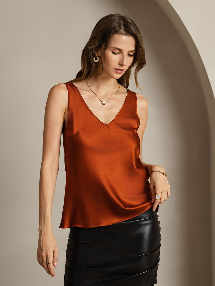 19Momme Silk Sleeveless V Neck Women's Tank Top with V Back Design