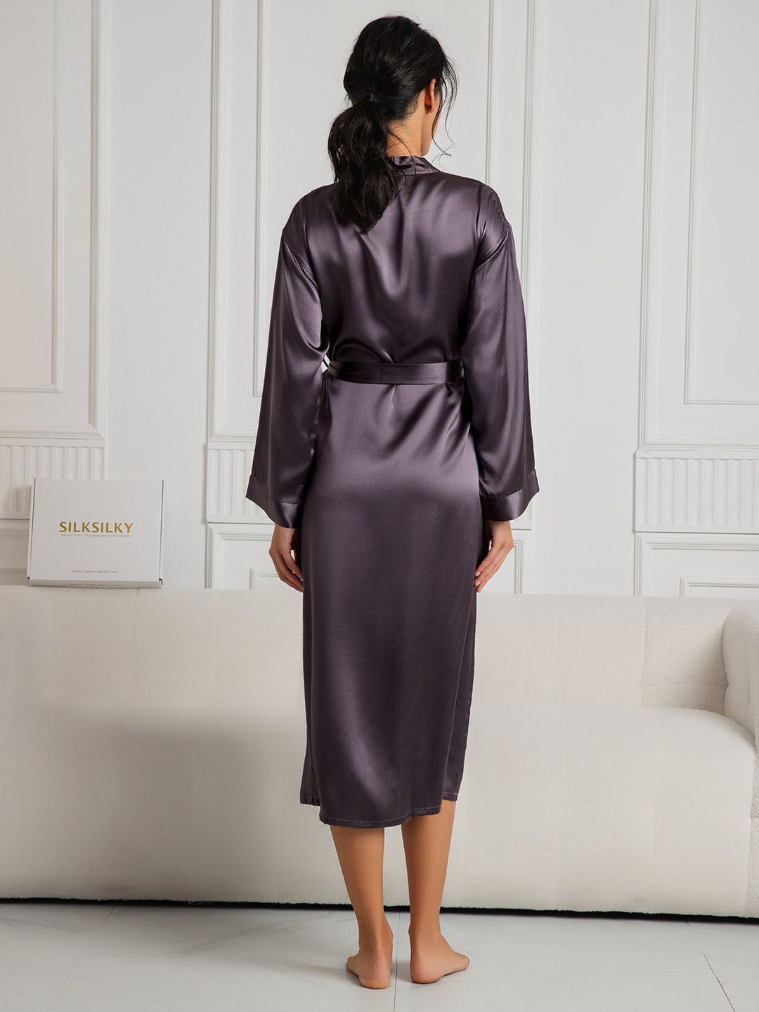 Women's Pure Silk Long Sleeve Midi Dressing Gown