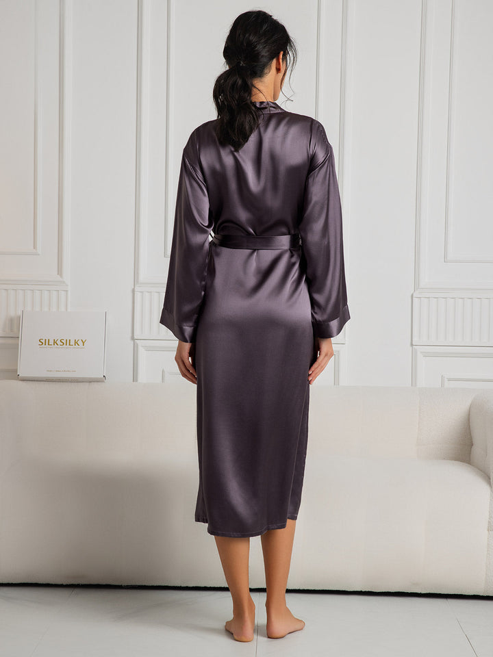 Women's Pure Silk Long Sleeve Midi Wrap Dressing Gown