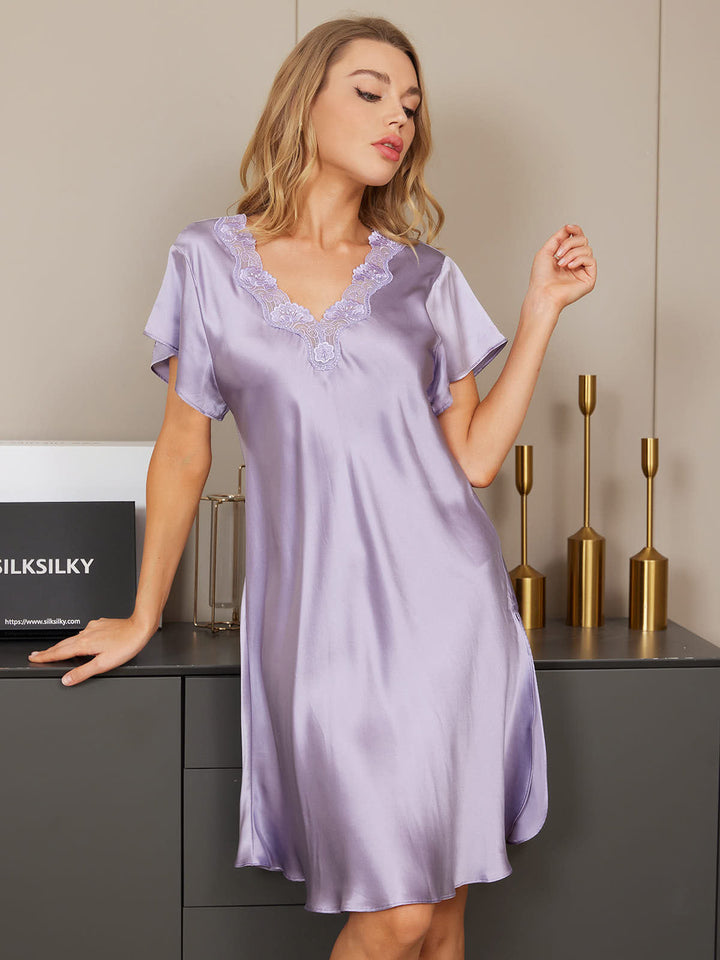 Pure Silk Short Sleeve V-neck Short Nightdress with Lace Split Design
