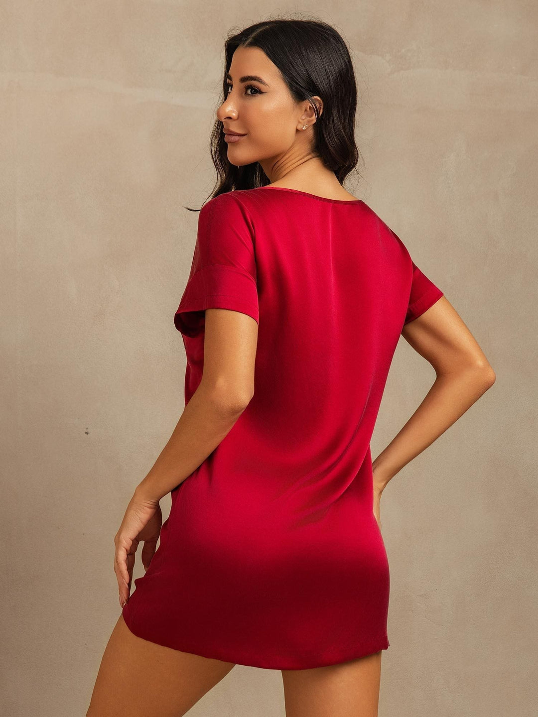 19Momme Washable Silk Short Sleeve Round Neck Short Nightdress