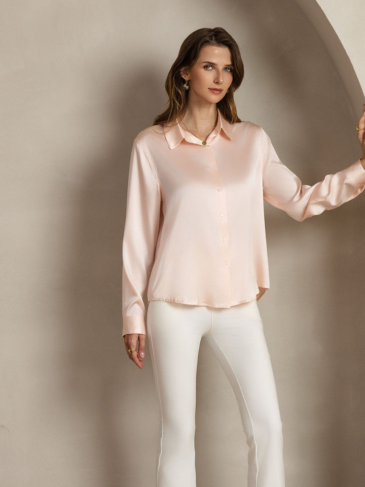 19Momme Silk Long Sleeve Lapel Collar Women's Shirt with Button Up Design