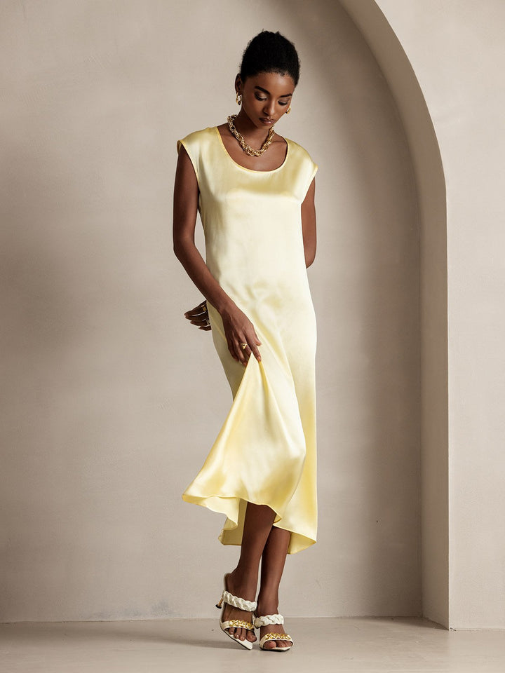 19Momme Silk Cap Sleeve Round Neck Midi Dress