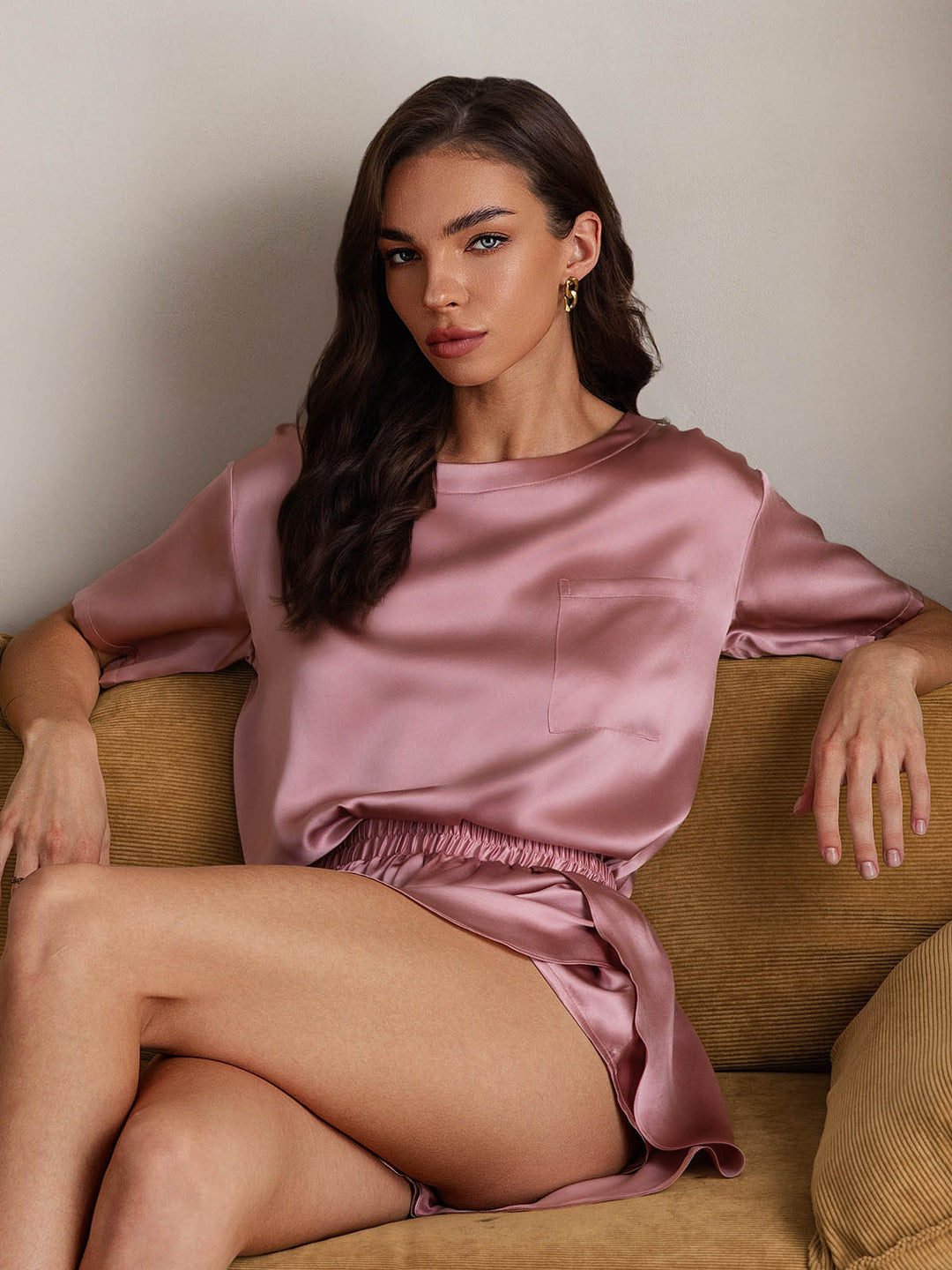 Pure Silk Short Sleeve Round Neck Women's Pyjamas Set