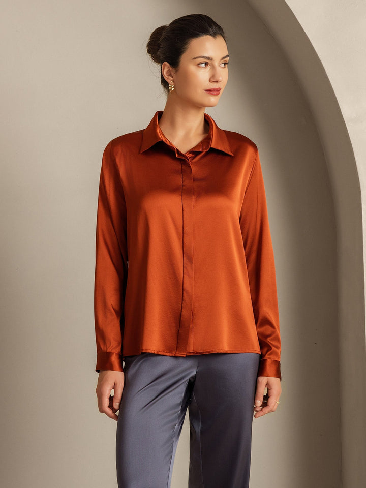 19Momme Silk Long Sleeve Lapel Collar Women's Shirt
