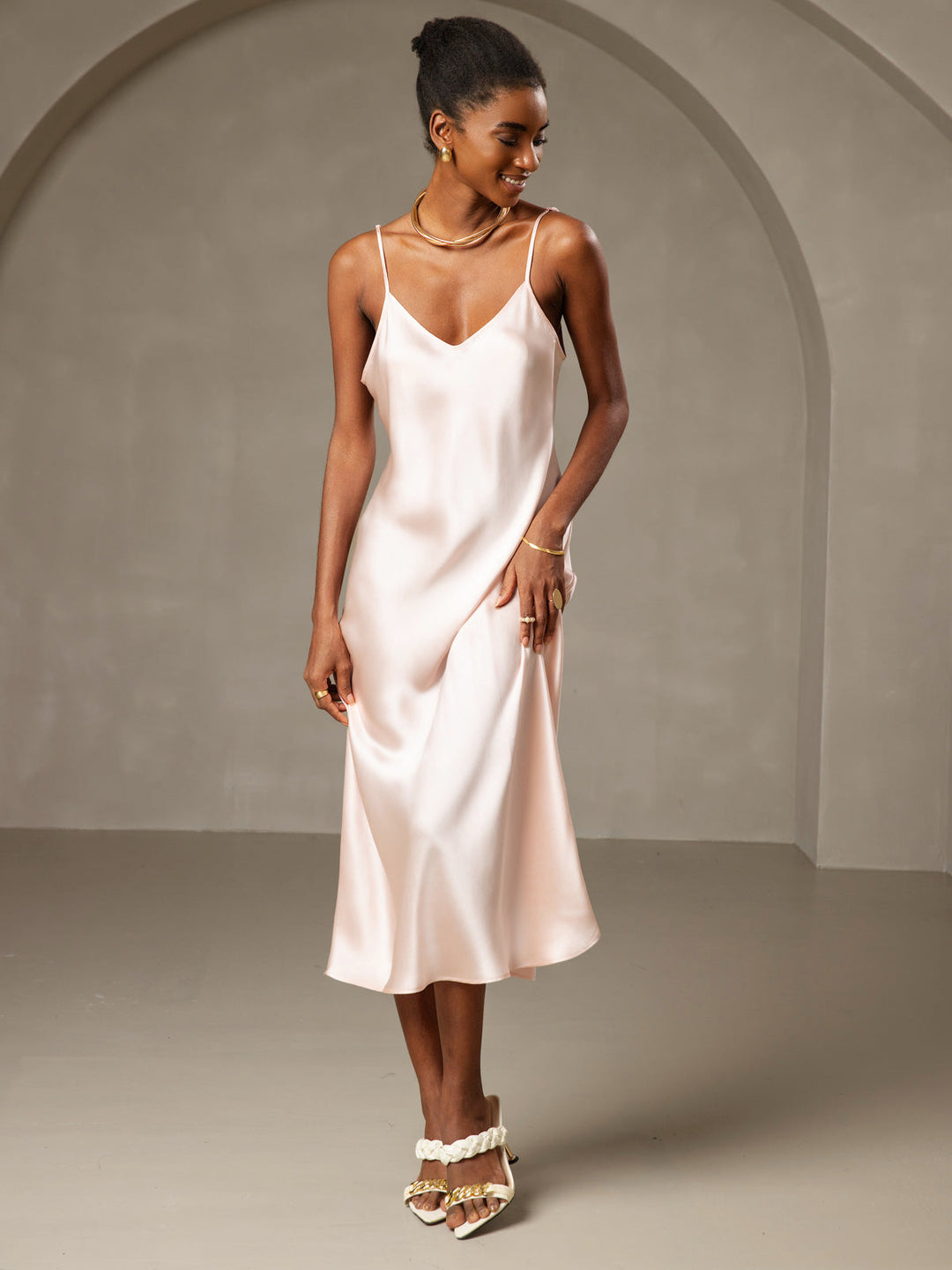Pure Silk Spaghetti Strap Midi Dress