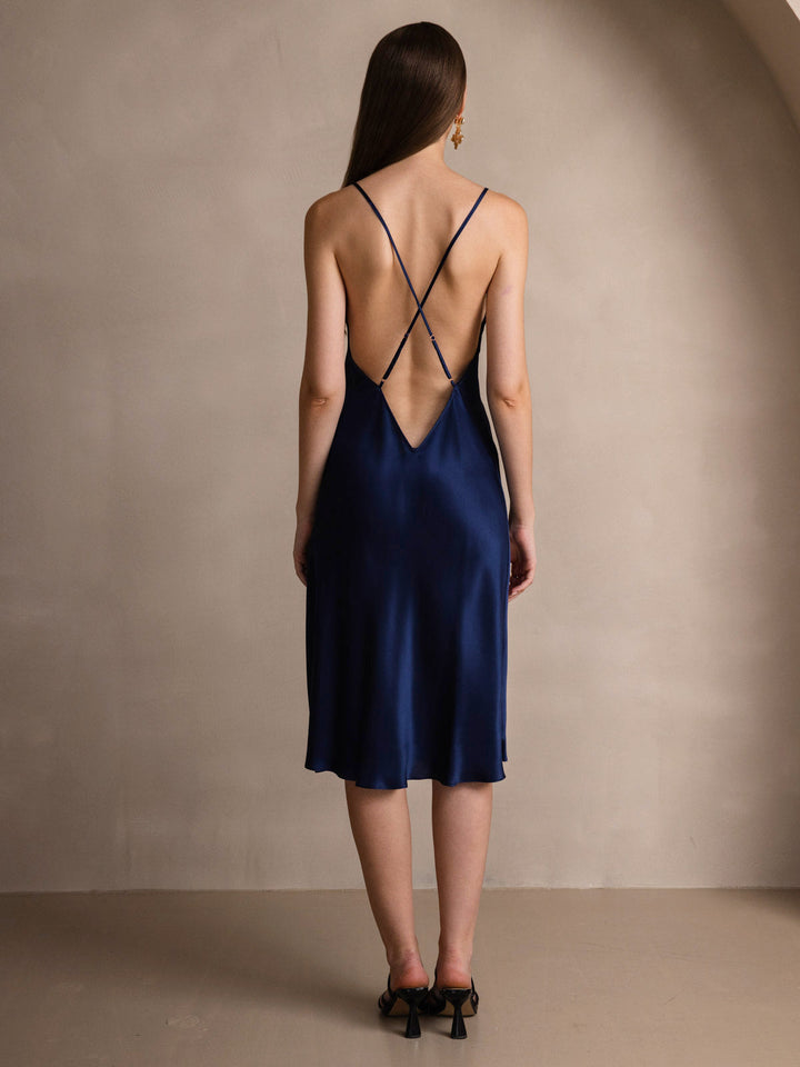 Pure Silk Spaghetti Strap U Neck Knee Dress with Split Criss Cross V-Back Design