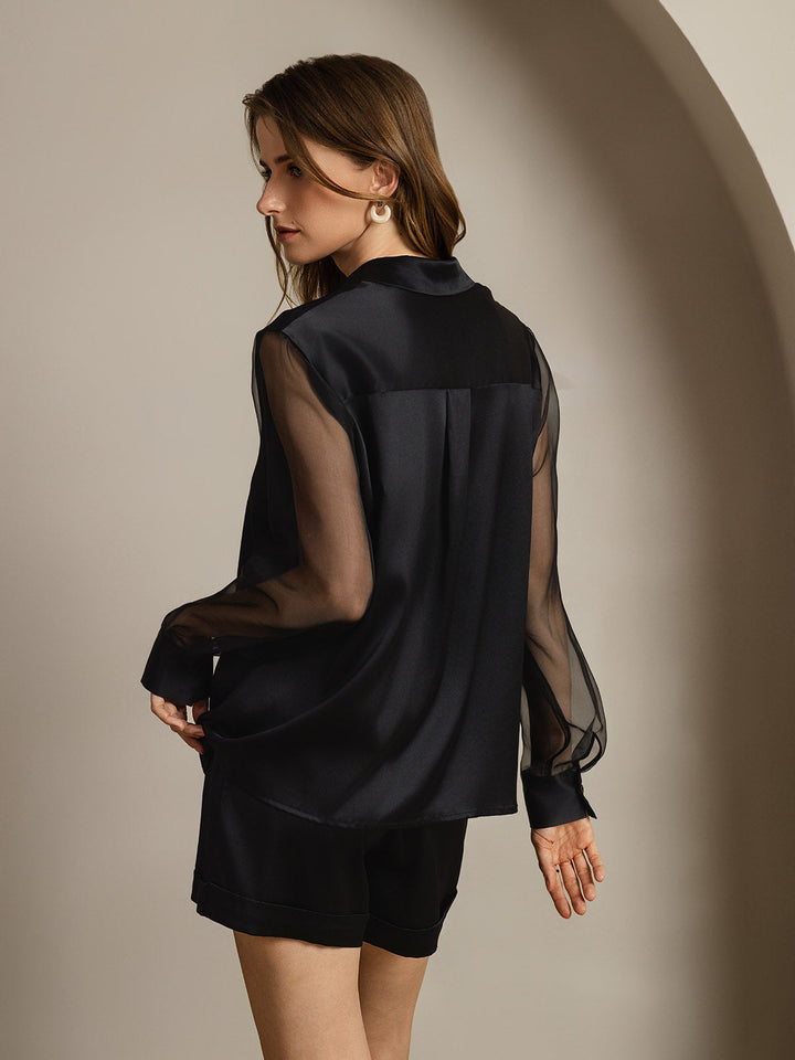 Women's 19Momme Silk Sheer Sleeve Lapel Collar Shirt