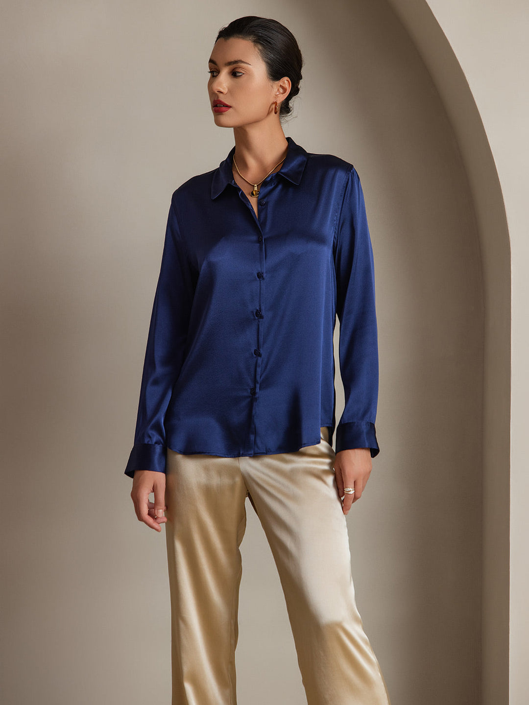 19Momme Silk Long Sleeve Lapel Collar Women's Shirt with Button Up Design