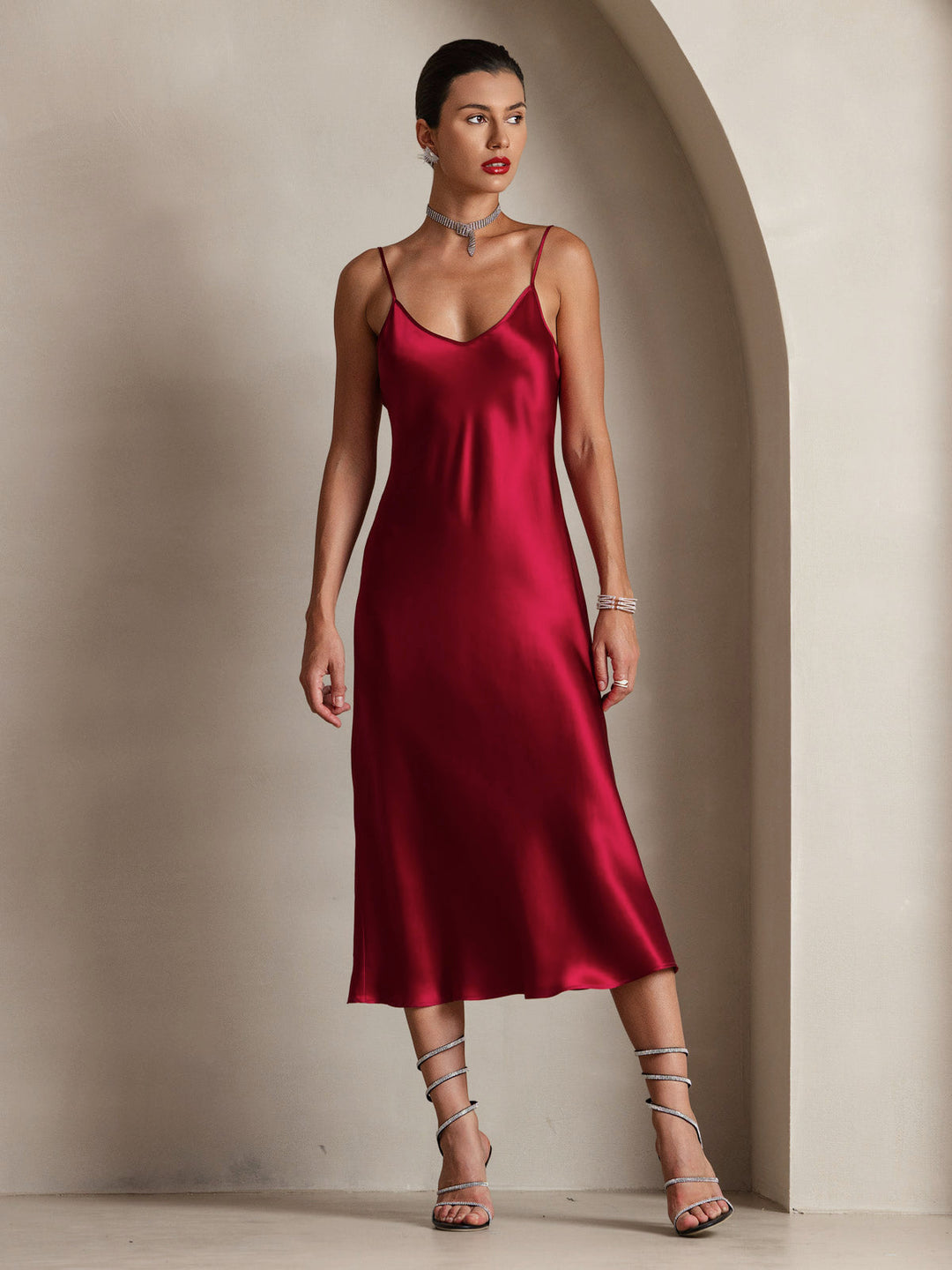 Pure Silk Spaghetti Strap V Neck Midi Dress