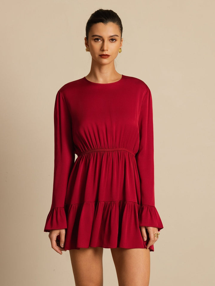 19Momme Silk  Ruffle Sleeves Short A-Line Flowy Dress