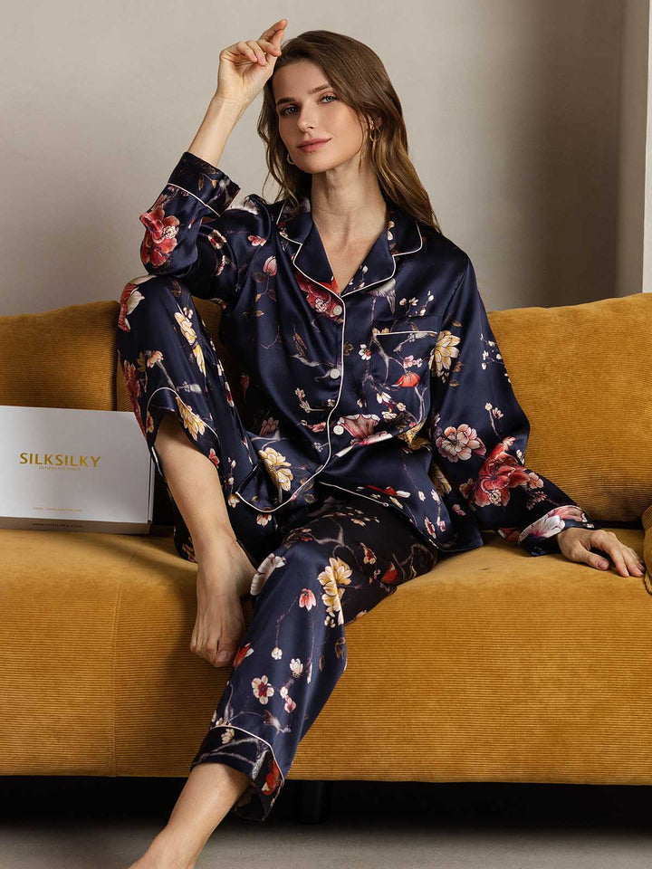 Women's Pure Silk Navy Floral Print Long Sleeve Notch Collar Button Up Pajamas Set