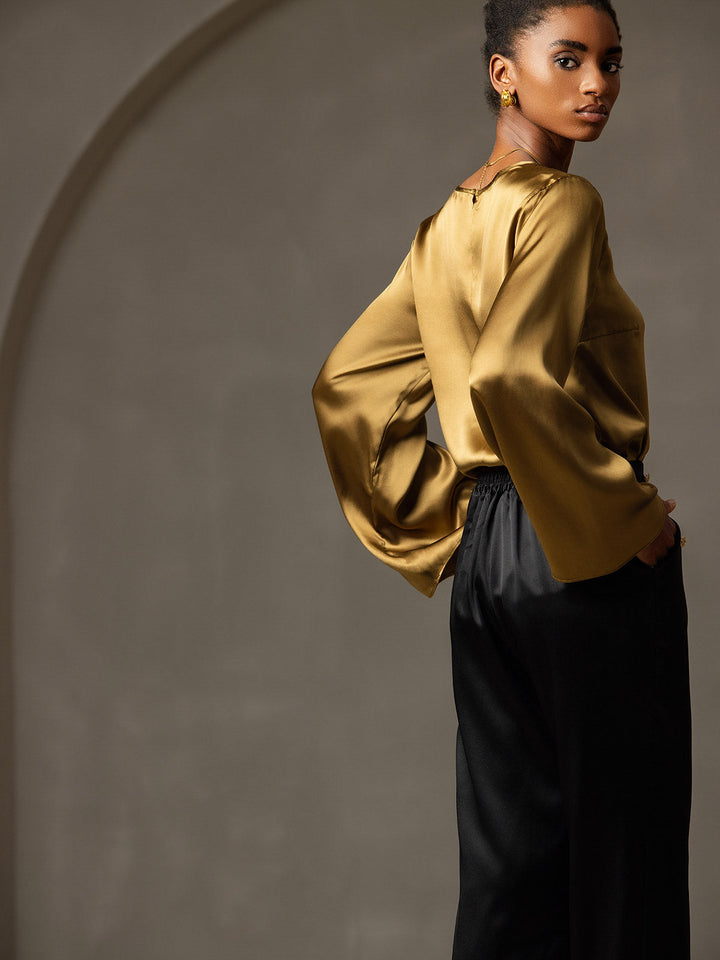 19Momme Silk Bell Sleeve Boat Neck Women's Top