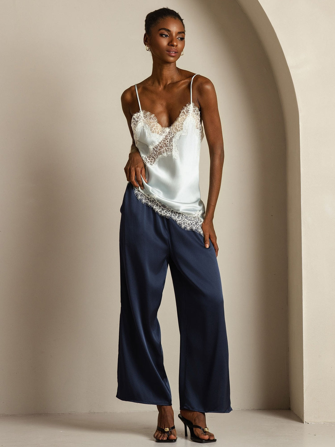Pure Silk Spaghetti Straps Lace Camisole Top with Asymmetrical Hem