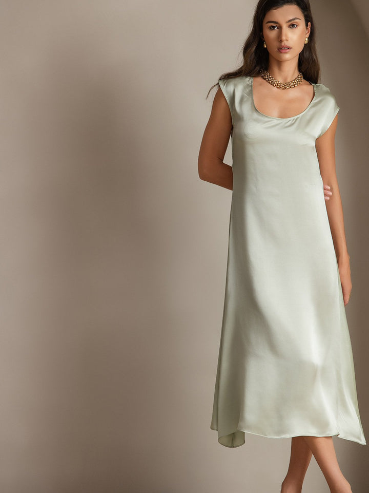 19Momme Silk Cap Sleeve Round Neck Midi Dress