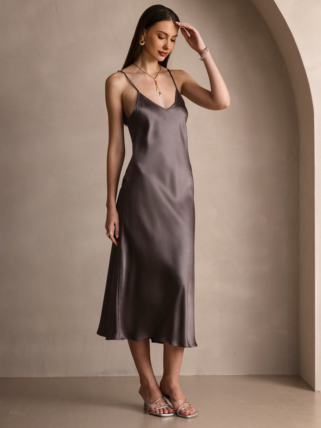 Pure Silk Spaghetti Strap Midi Dress