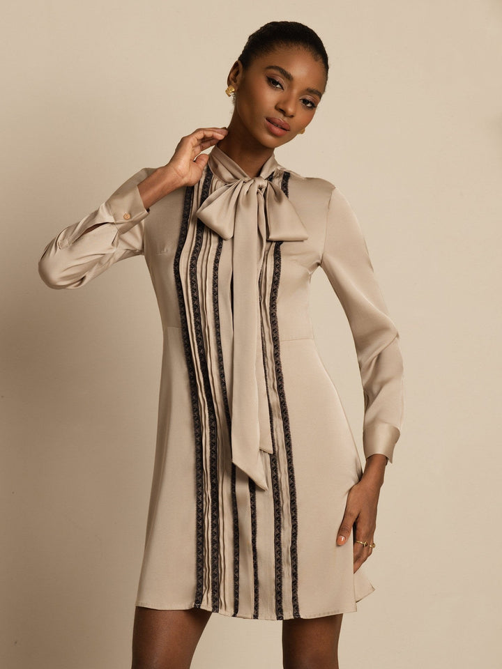 19Momme Silk  Women's Tie-Neck Short Shirt Dress with Vertical Pleated