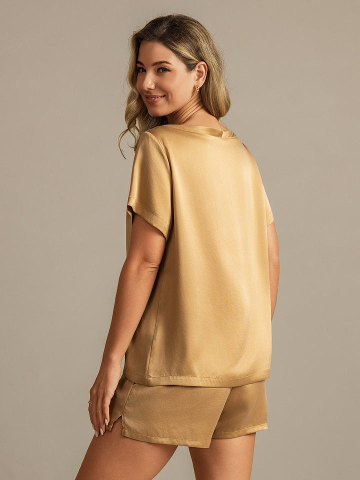 19Momme Women's Silk Short Sleeve Round Collar Pajamas Set with Side Pocket Design