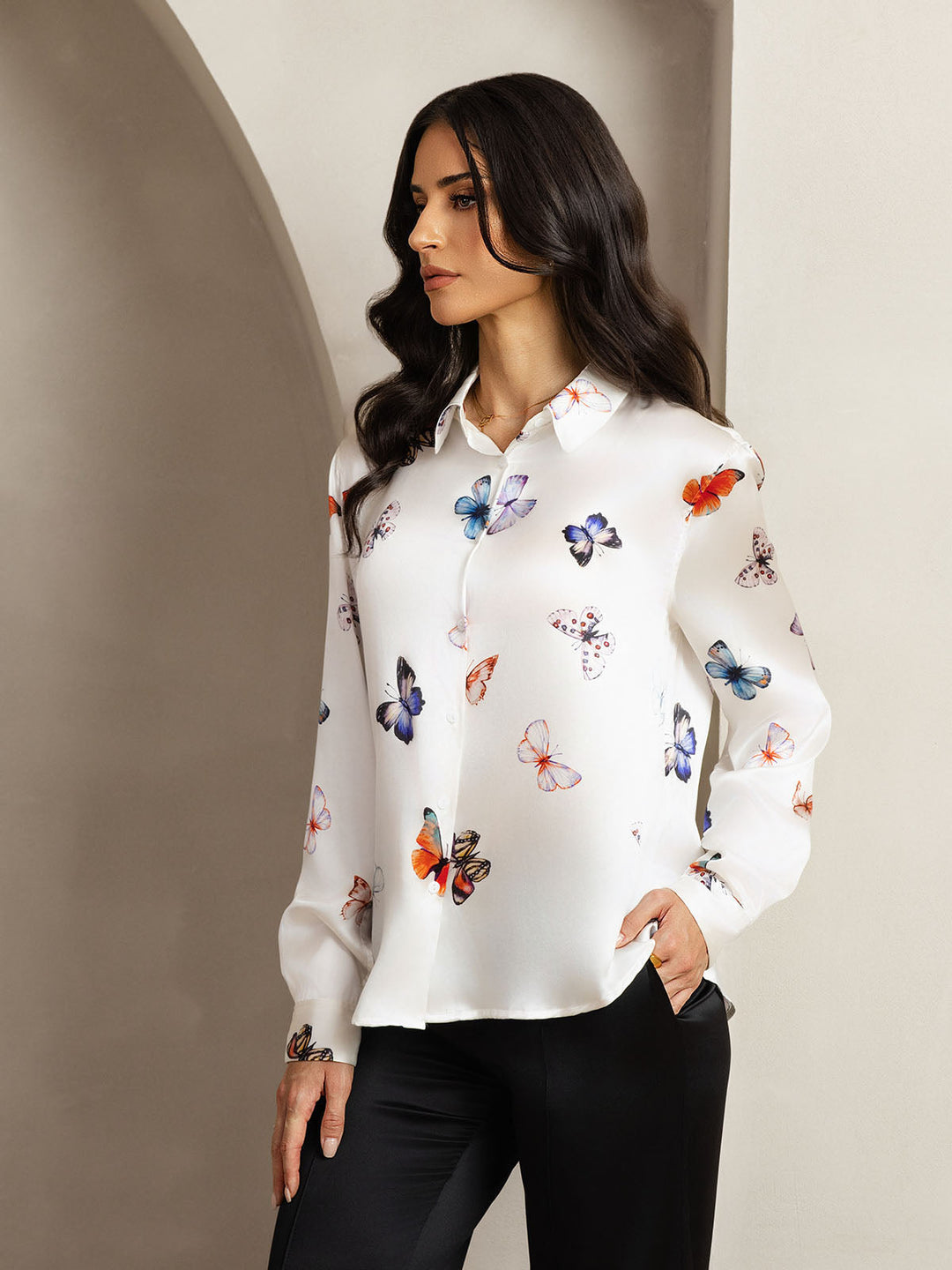 19Momme Silk Butterfly Print Long Sleeve Lapel Collar Women's Shirt