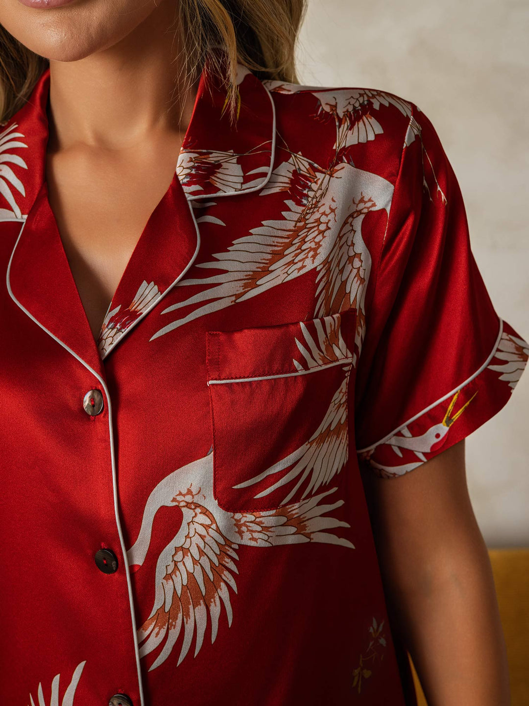 19Momme Women's Pure Silk Crane Print Short Sleeve Notch Collar Pyjamas Set