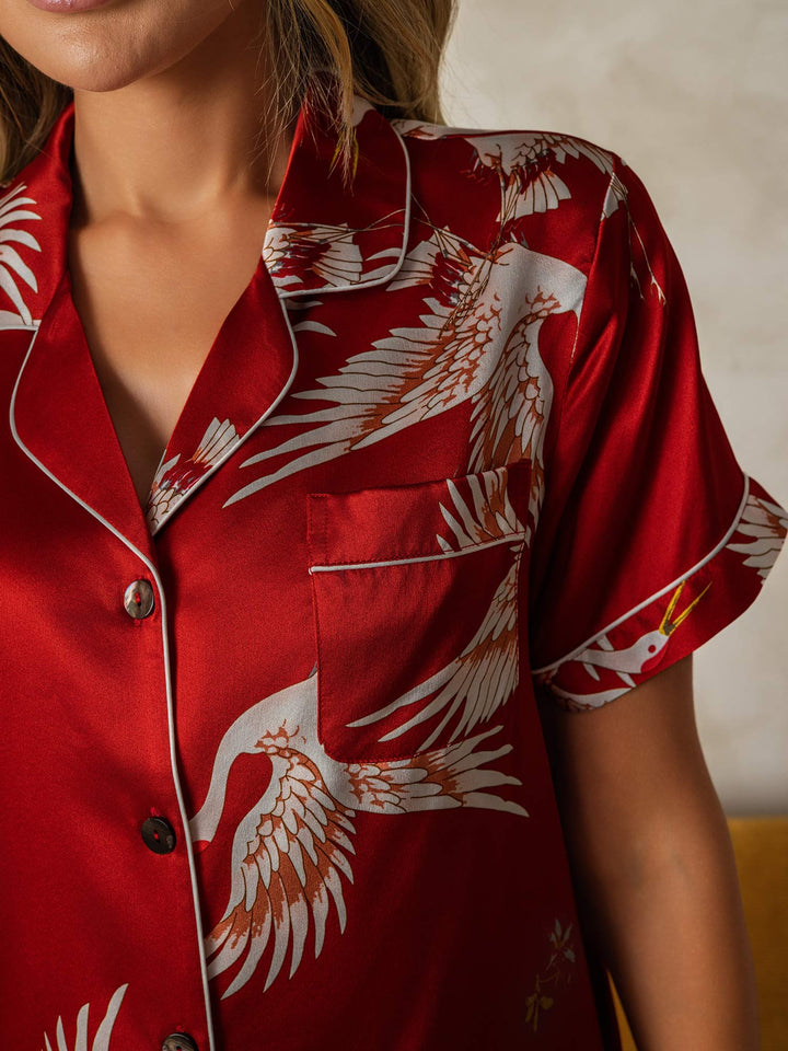 19Momme Women's Pure Silk Crane Print Short Sleeve Notch Collar Pyjamas Set