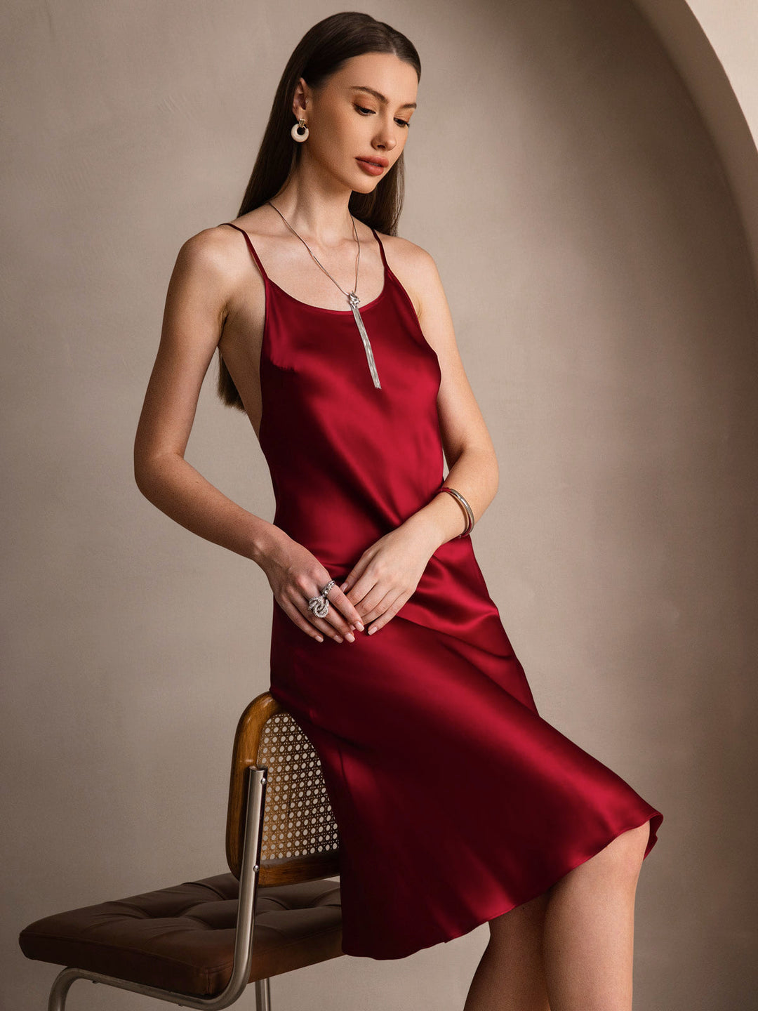 Pure Silk Spaghetti Strap U Neck Knee Dress with Split Criss Cross V-Back Design