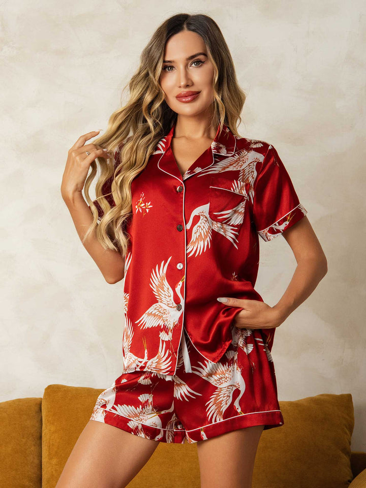 19Momme Women's Pure Silk Crane Print Short Sleeve Notch Collar Pyjamas Set