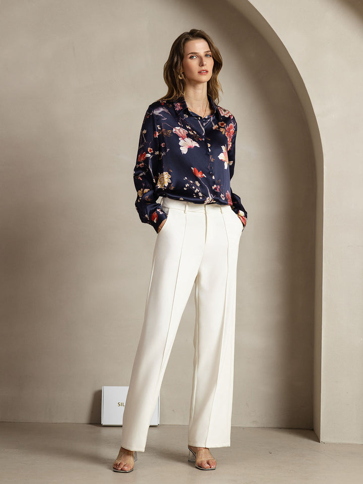 19Momme Silk Long Sleeve Lapel Collar Women's Shirt with Button Up Design