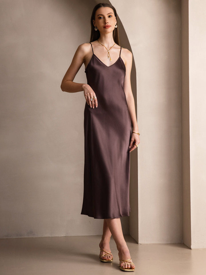 Pure Silk Spaghetti Strap V Neck Midi Dress